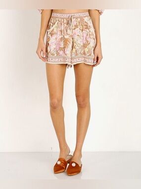 High-Waist Floral Pink & Tan Drawstring Shorts with Lace Trim